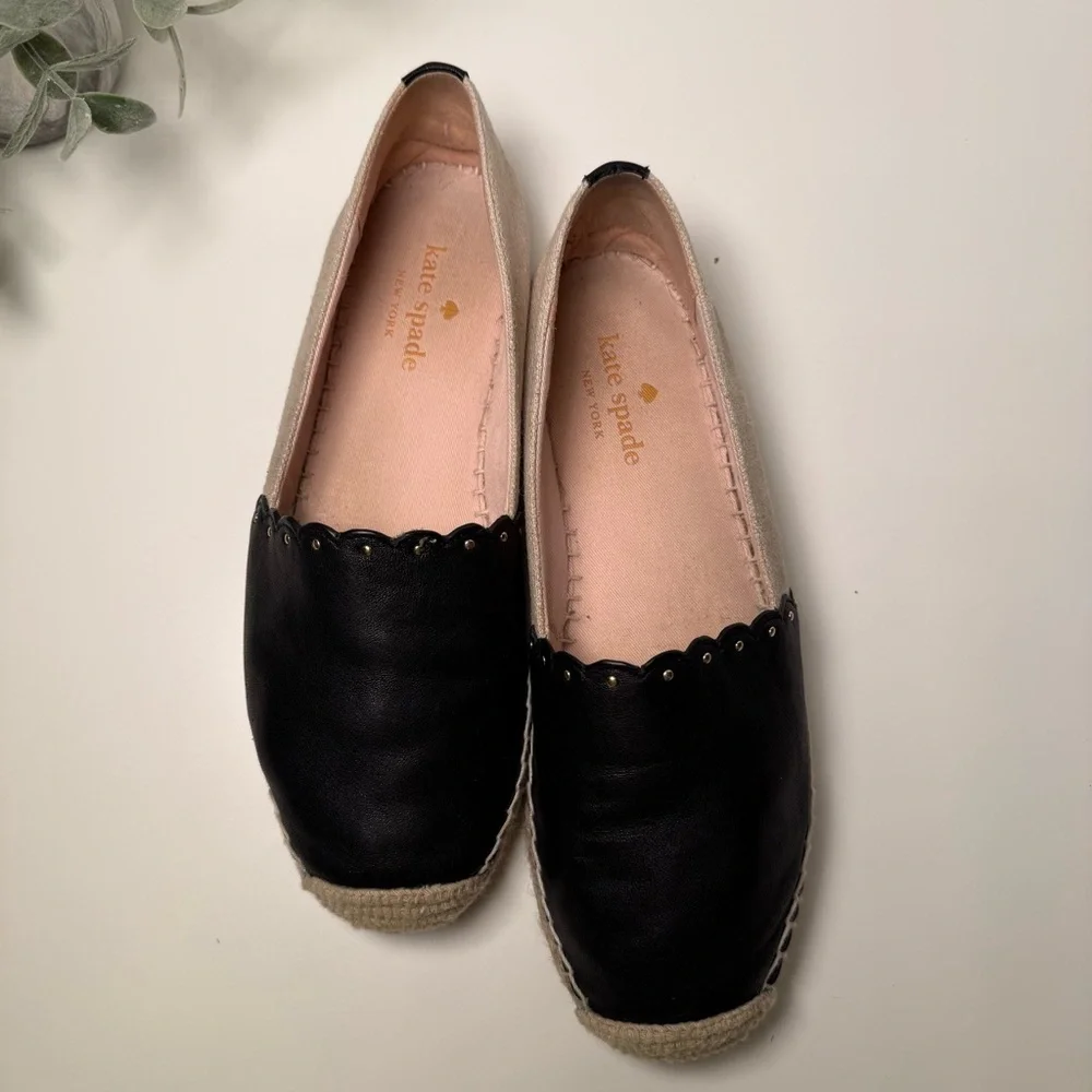 Kate Spade Gardenia Black Leather & Beige Espadrille Flats Size 8 Feminine Boho